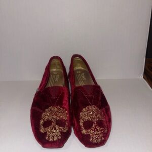 TOMS Burgundy Velvet Loafers with Gold Skull - Neiman Marcus Exclusive